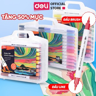   CHÍNH HÃNG  Bút Sơn Acrylic Marker 2 Đầu 48 Màu Deli THÊM 50% Mực Màu Vẽ Trên Mọi Chất Liệu Chồng Màu 