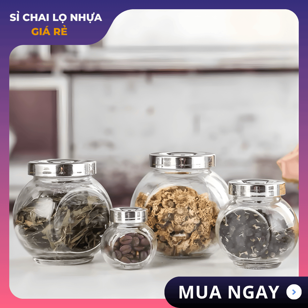 Hũ Thủy Tinh Nghiêng Nắp Xi Bạc 50ml/ 180ml/ 380ml Đựng Bánh Mứt, Gia Vị, Đồ Khô, Kẹo Tết Sang Trọng