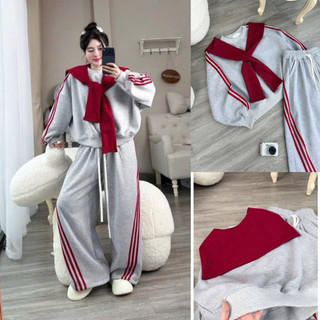  Set Bộ Nỉ  Sọc Màu Xám Kèm  Khăn Đỏ  Nữ. Bộ Đồ Form Rộng Phong Cách Hàn Quốc 
