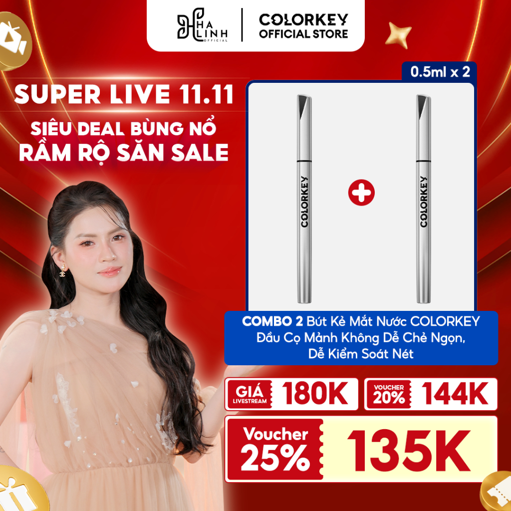   Võ Hà Linh x Colorkey  COMBO 2 Bút Kẻ Mắt Nước COLORKEY Đầu Cọ Mảnh Không Dễ Chẻ Ngọn Dễ Kiểm Soát Nét M 0,5ml x2 