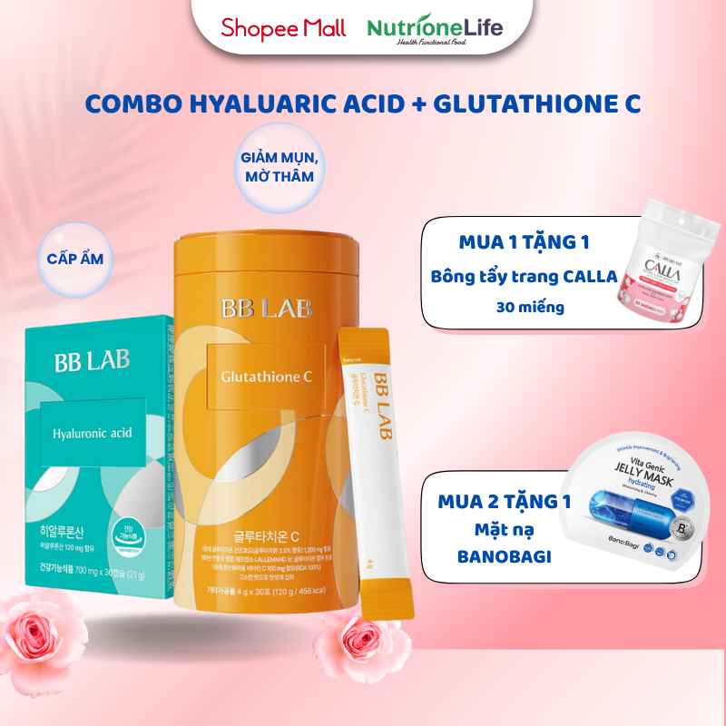 Combo BBLAB Hyaluronicd Acid, Glutathione C Trắng Da, Mờ Thâm, Cấp Ẩm, Giảm Tiết Dầu, Giảm Mụn 30 Vi