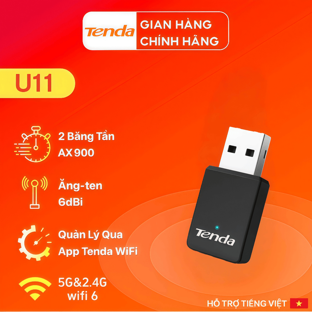 Bộ thu sóng không dây Tenda U11 AX900 Mbps, Bộ giải phóng tín hiệu mạng, Bộ chuyển đổi WiFi (Sản phẩm chính hãng)