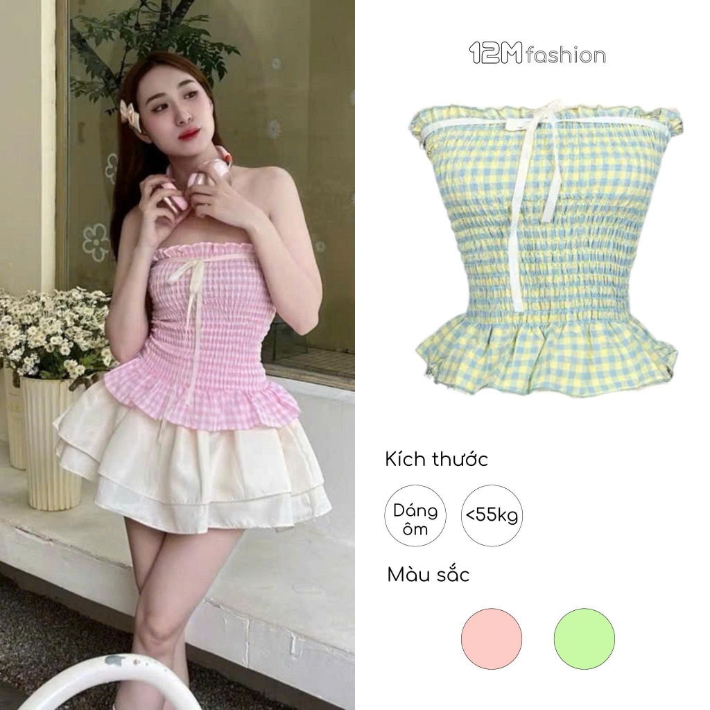 Áo ống caro xốp phối dây buộc nơ bánh bèo _ 12M fashion