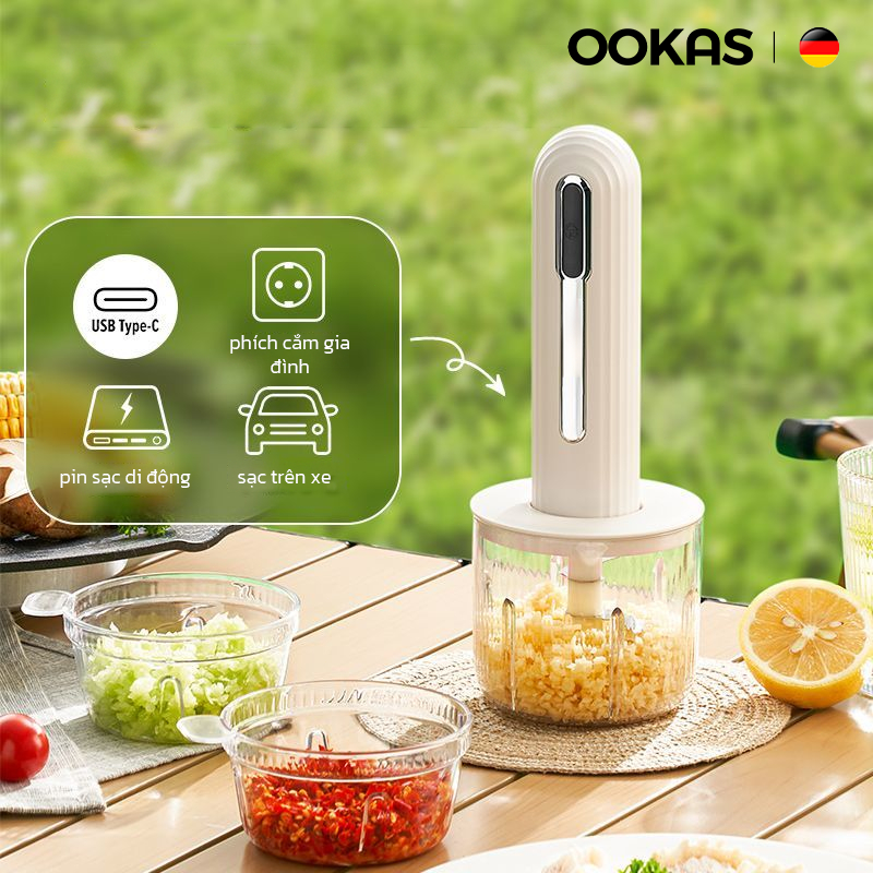 OOKAS Máy xay thực phẩm đa năng Máy Xay Thịt Nhỏ 4 lưỡi  dao inox sắc bén,Tặng 3 cái bát 200ml