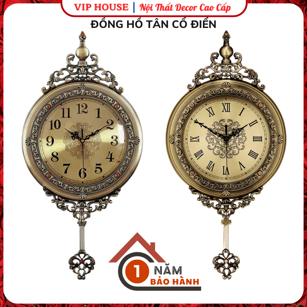 Đồng Hồ Treo Tường Phong Cách Tân Cổ Điển, Đồng Hồ Phòng Khách Kèm Quả Lắc Số La Mã Hiện Đại Decor T