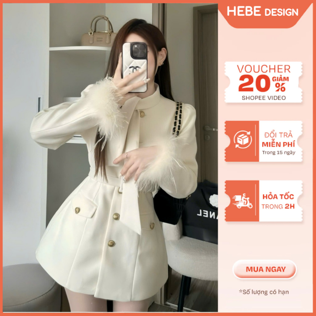 Váy Dạ Nữ Hanii Phối Lông Vũ Tay Áo, Cổ Nơ Cài Nút Vàng Sang Trọng, Dáng Ôm Tôn Eo Siêu Xinh HeBe Bo