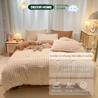   MẪU MỚI  Bộ 4 món ga gối và vỏ chăn Nỉ Nhung thỏ dập ô vuông trendy cao cấp siêu ấm mềm mịn mùa thu đông Decor Home 
