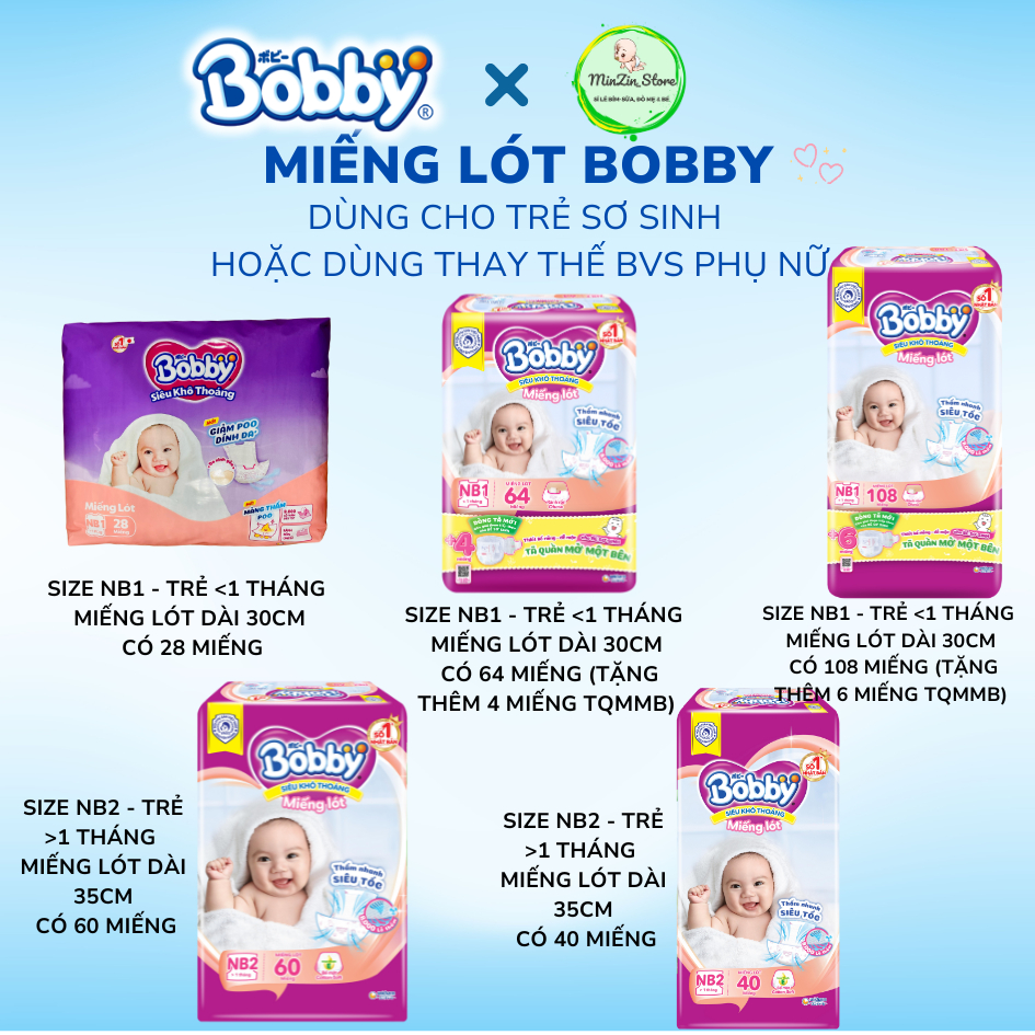 MIẾNG LÓT BOBBY NEWBORN dành cho trẻ sơ sinh đủ size NB1/NB2 loại 28/64/108/40/60 miếng