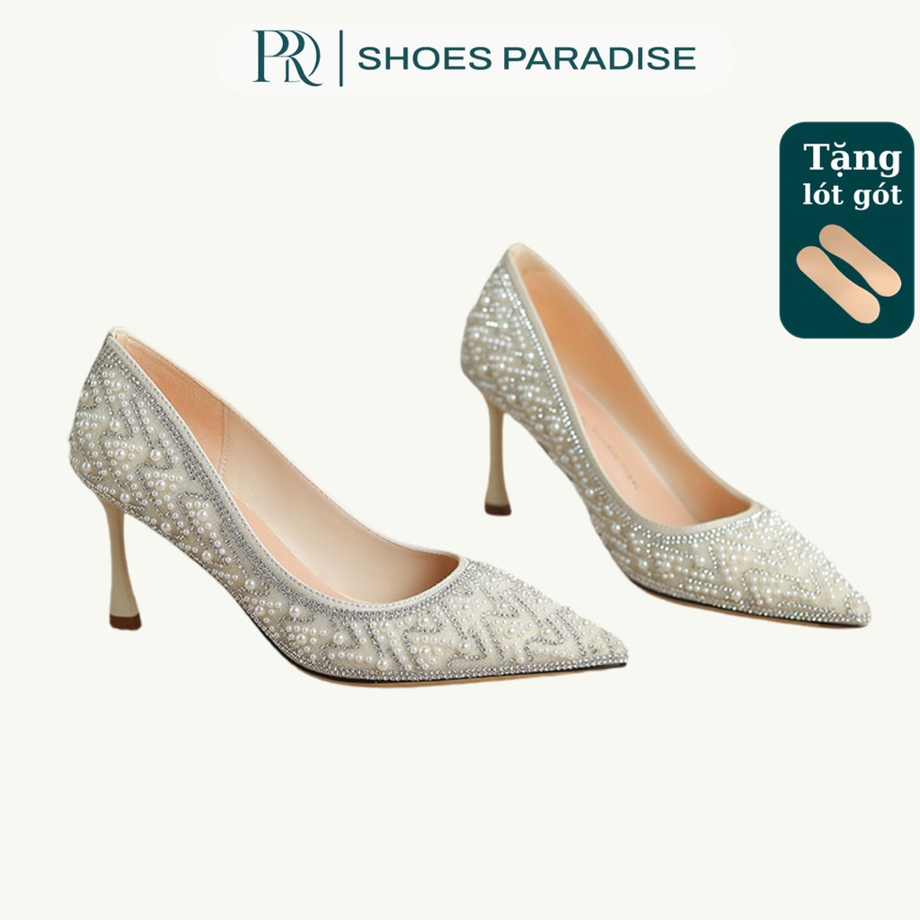 Giày cao gót 7cm mũi nhọn đính kết, thời trang phù hợp đi tiệc sang, giày cưới Shoes Paradise L159