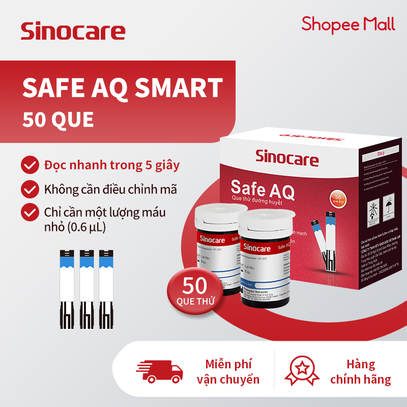 Que Thử Đường Huyết Safe AQ Smart Chính Hãng Sinocare Hộp 50 Que Tặng Kèm 50 Kim