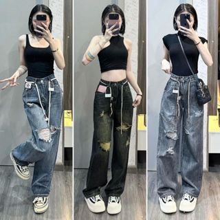  Quần jean rách gối ELWYN quần jean nữ ống suông cạp cao màu xanh đen ánh rêu size S M L XL SPG5 