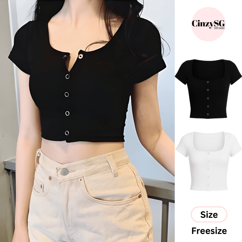 Áo Croptop Cổ Chữ U Chất Len Tăm Nữ Ôm Dáng Tay Ngắn Nút Bấm Thời Trang Cá Tính CR04 CinZy SG