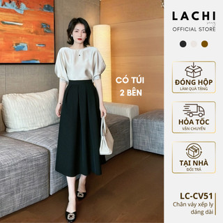  Chân váy xếp ly công sở LACHI dáng dài qua gối có túi cạp cao tôn eo che khuyết điểm bigsize LC-CV51 
