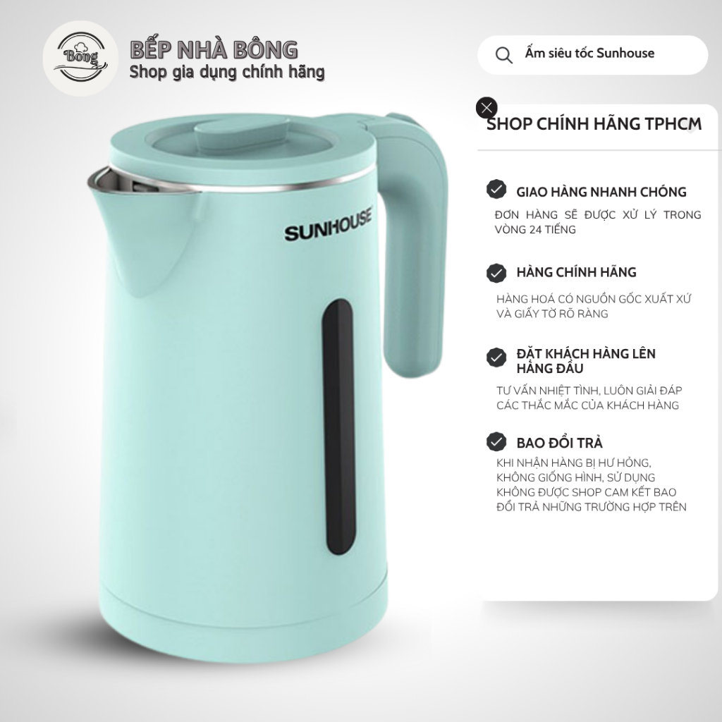 Ấm siêu tốc 2 lớp 1.8L SUNHOUSE SHD1351 công suất 1500W chính hãng