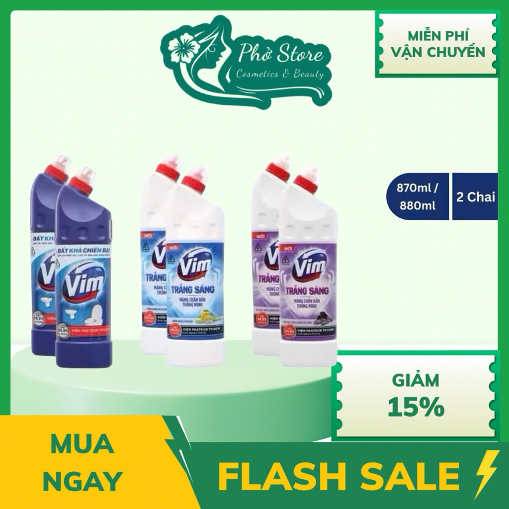 Combo 2 Chai Nước (Gel) Tẩy Bồn Cầu -Nhà Tắm Vim Diệt Khuẩn, Vim Trắng Sáng ( Duck ), Vim Zero 880ML