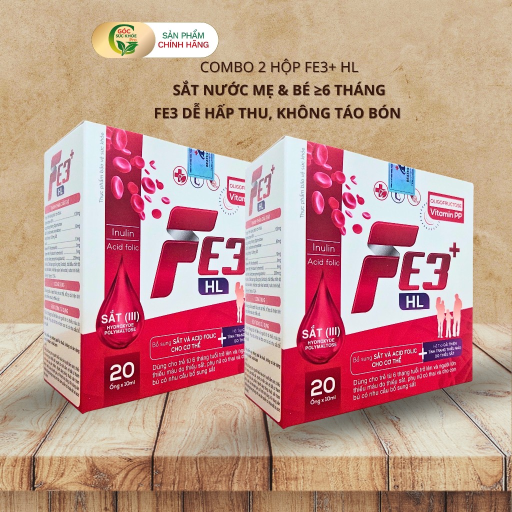 Combo 2 Hộp Fe3+ HL - Sắt Nước Mẹ & Bé ≥6 Tháng - Fe3 Dễ Hấp Thu, Không Táo Bón - Hộp 20 Ống x 2