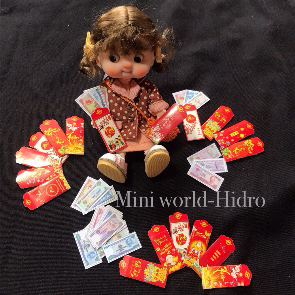 Combo Mô hình bao lì xì xưa tí hon mini nhỏ xíu trang trí Tết nhà búp bê B a r b i e  BJD tỉ lệ 1/8 