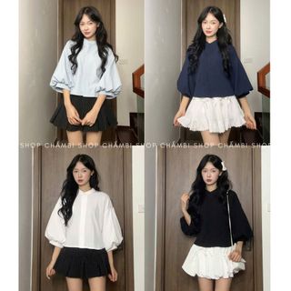  Áo sơ mi nữ A.789 Áo sơ mi cổ tròn dáng croptop tay bồng lửng phối nơ eo túi ngực basic dễ phối đồ - Shop Chấm Bi 