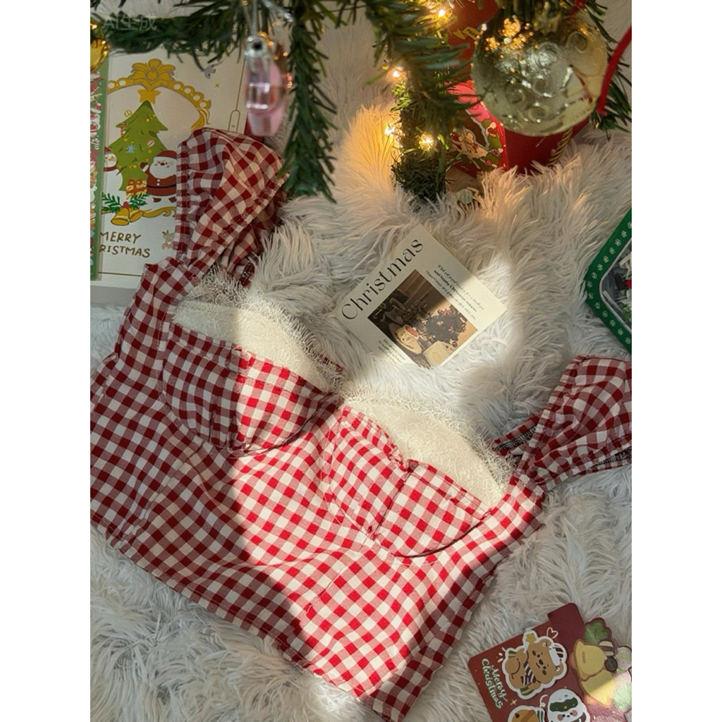 Áo cúp ngực Caro đỏ Berry Babe Sweetheart Top - Honest store