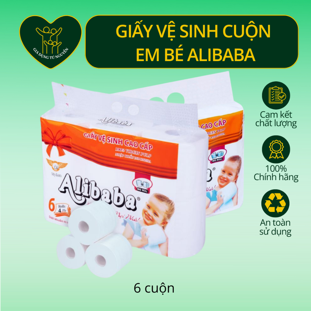 Giấy Vệ Sinh Cuộn Em Bé Alibaba 6 Cuộn – Mềm Mịn, Dai, Thấm Hút Tốt, An Toàn Cho Làn Da Nhạy Cảm