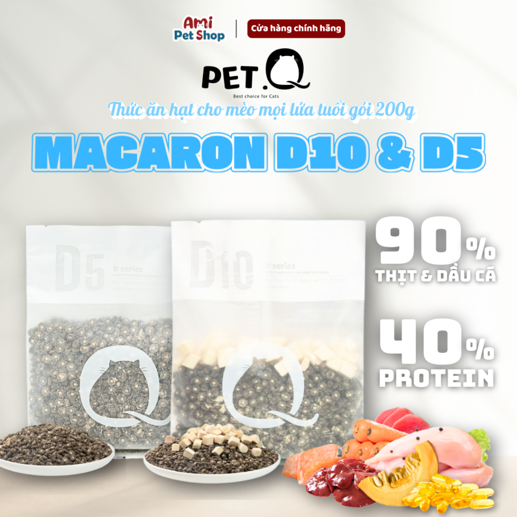 Hạt PetQ D10 siêu topping cho mèo mọi lứa tuối -Thức ăn hạt Macaron D10 & D5 PetQ- Gói 200g