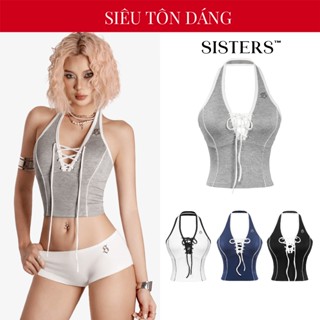  Áo croptop cổ yếm đan dây ngực SISTERS màu đen trắng xanh rin phối viền cổ khoét sâu gợi cảm Caridwen | SS24-T1 