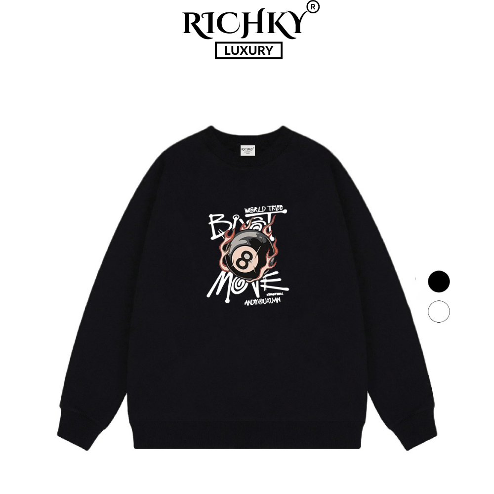 Áo Sweater Richky Luxury Premium Nỉ Bi A Lửa 8Ball Flames
