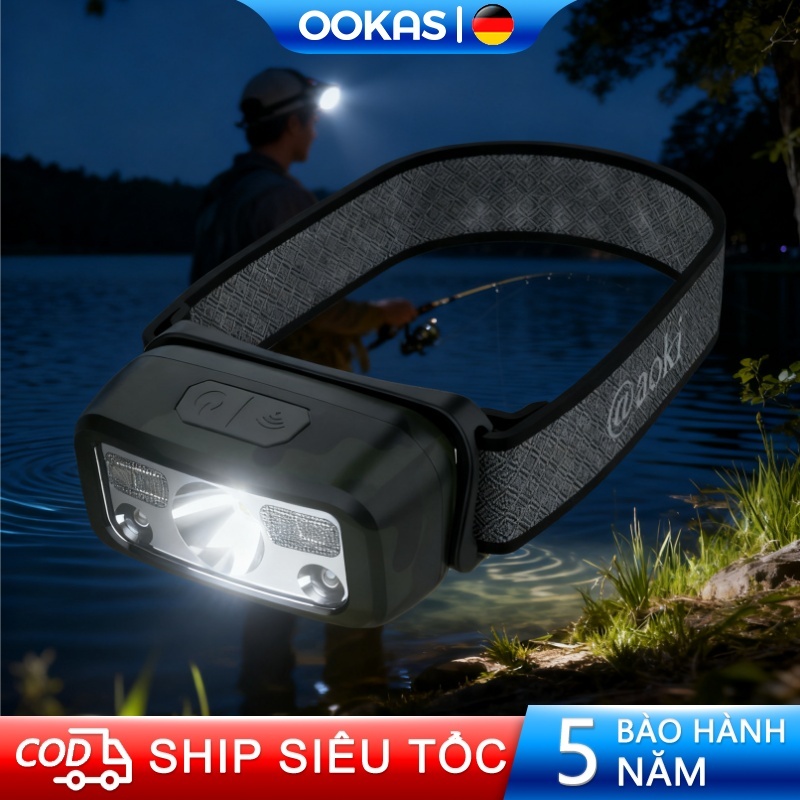 OOKAS Nhẹ nhàng Đèn pin đội đầu siêu sáng cảm biến bằng tay, Đèn Pin Đeo Đầu Cho Câu Cá, Cắm Trại Và