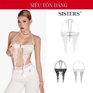 Áo croptop nữ cổ yếm phối ren SISTERS thiết kế xẻ tà trước ngực phối lưng xuyên thấu logo inox quyến rũ Flora | SS-T79 