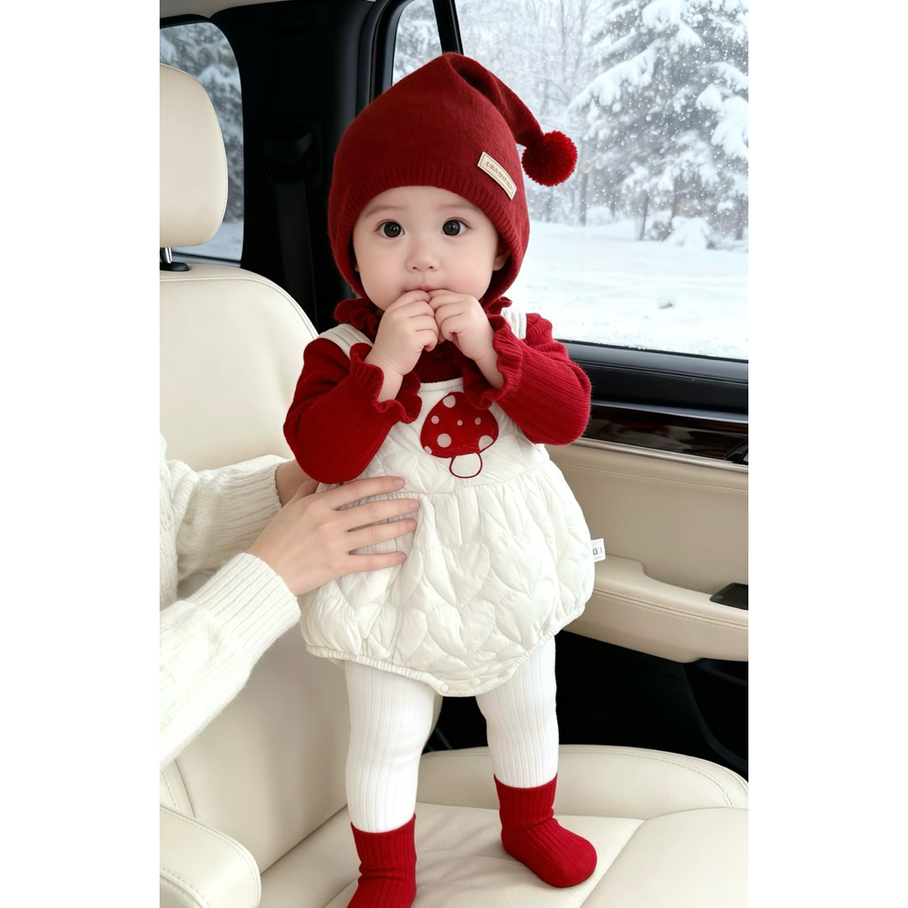 bodysuit bé gái, quần yếm kèm áo len cho bé, bodysuit đỏ phao trần bông siêu nhẹ QCCC cho bé, bộ đồ 
