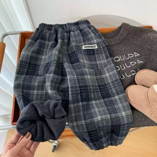  Quần dài lót lông cừu cho bé trai kiểu dáng mới mùa đông 2025 quần jogger kẻ caro phong cách Hàn Quốc 