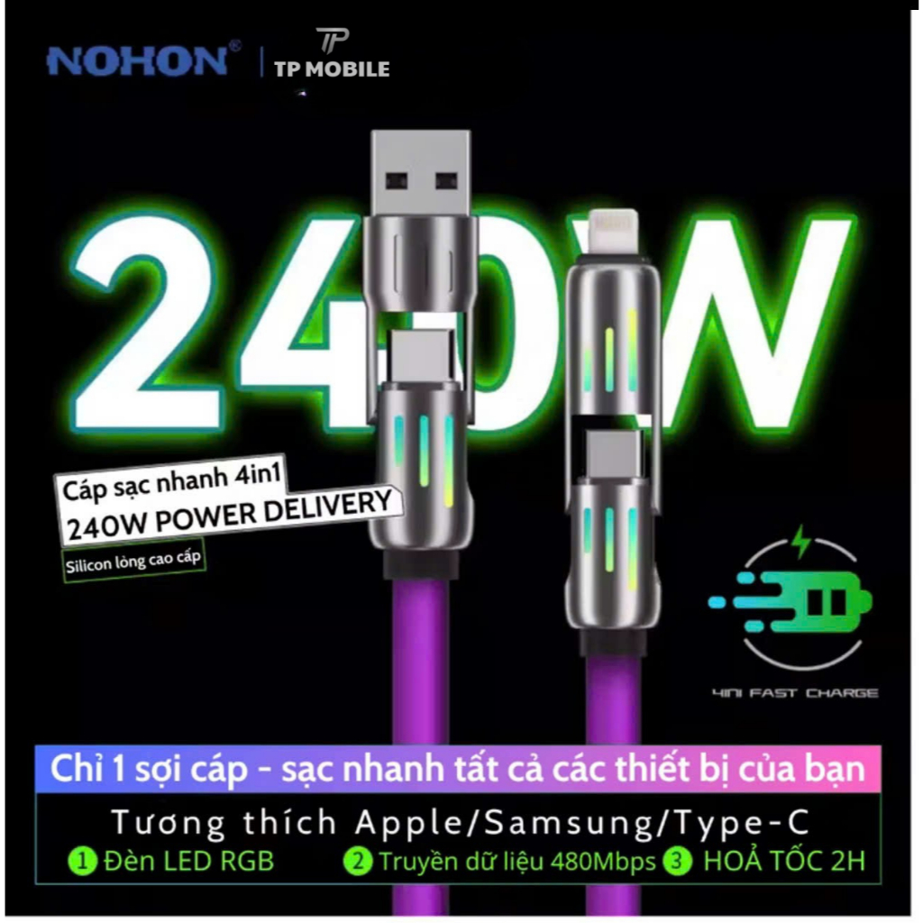 Cáp sạc NOHON truyền dữ liệu 4 trong 1, sạc siêu nhanh 240W, cáp truyền dữ liệu 480Mbps