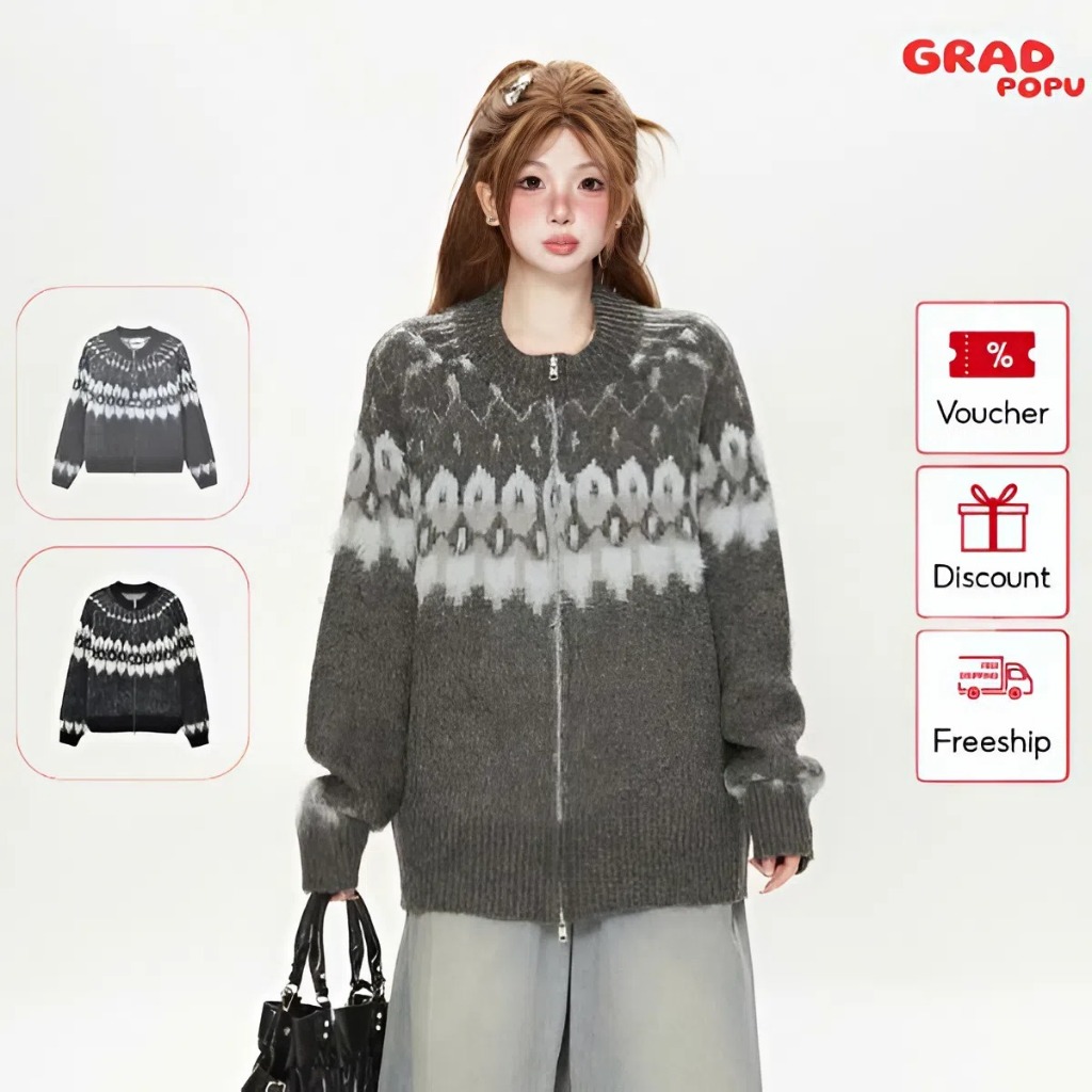 Áo len GRADPOPU nữ dáng rộng Fair Isle Hàn Quốc – Mềm mại ấm áp, áo khoác len có khóa kéo AK105