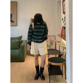  AKIROOM | Áo len mịn kẻ ngang cổ bẻ khuy ngực 829 