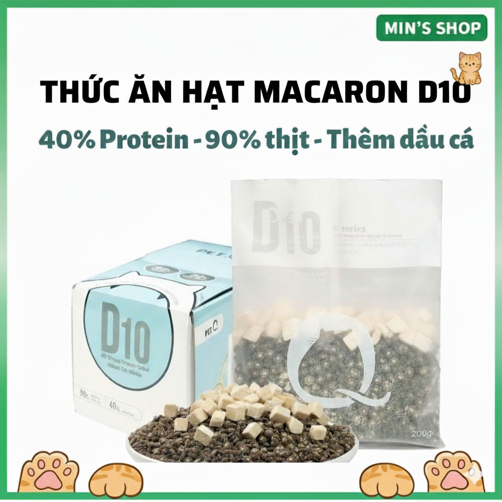 (1 hộp 7 túi) Thức ăn hạt cho mèo PetQ, Hạt macaron D10 PetQ, thịt & dầu cá, Mọi độ tuổi