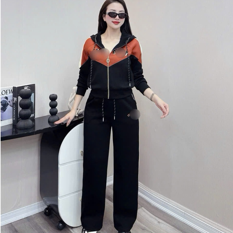 Bộ nỉ nữ cao cấp, Bộ đồ nỉ dễ chịu bộ áo mũ phối màu mix quần dài K87