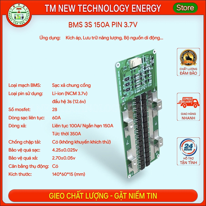 Mạch BMS 3s 150A sạc xả chung cổng, dùng cho pin Li-ion (NCM 3.7v) làm bình kích, lưu trữ, UPS,..