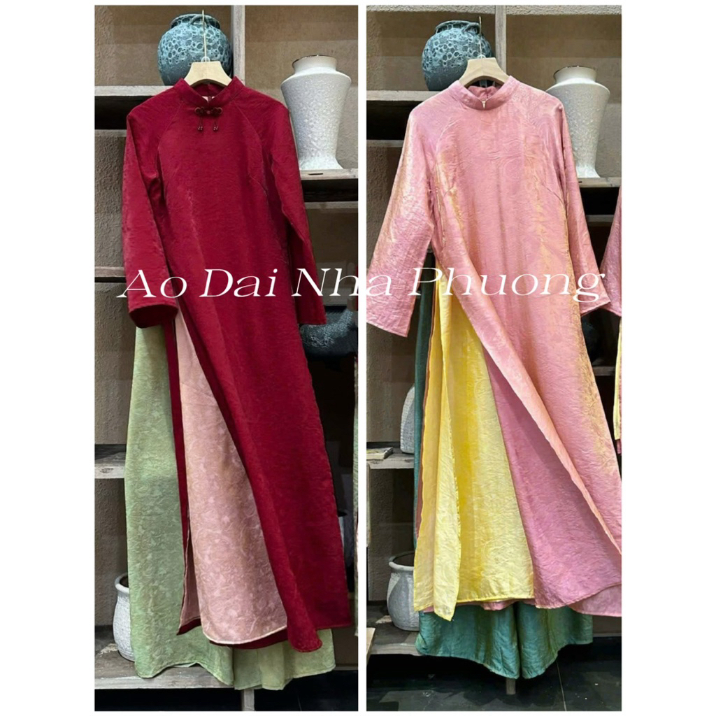 [ BST TẾT ] Set Áo Dài Tơ Ánh Kim Dáng Xuông Phối Màu Cao Cấp