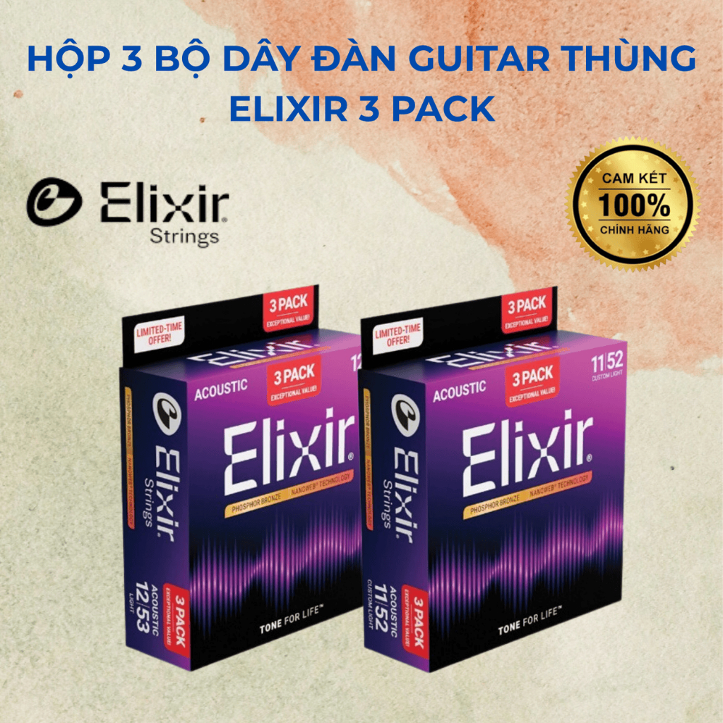 Hộp 3 Bộ Elixir Nanoweb Phosphor Bronze Acoustic Guitar Strings Dây Guitar Acoustic Cao Cấp