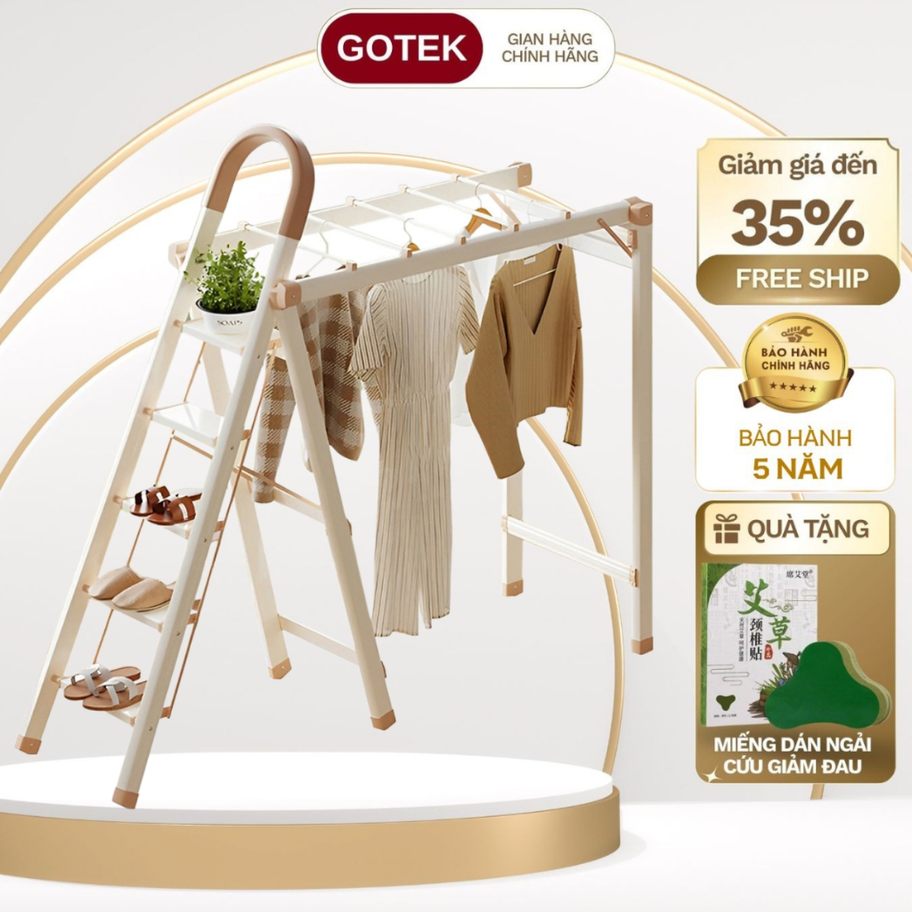 Thang Xếp Gấp Gọn Đa Năng Kèm Giàn Phơi GOTEK TX200 Khung Hợp Nhôm Chắc Chắn Đa Năng Tiện Lợi