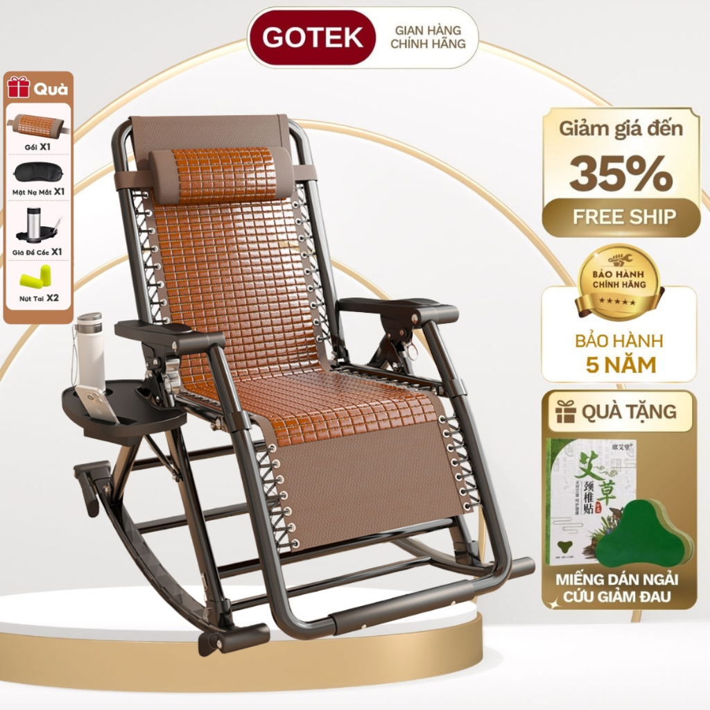 Ghế Bập Bênh Thư Giãn Cao Cấp GOTEK GT01 Đệm Lưng Chiếu Trúc Khung Thép Carbon Chắc Chắn