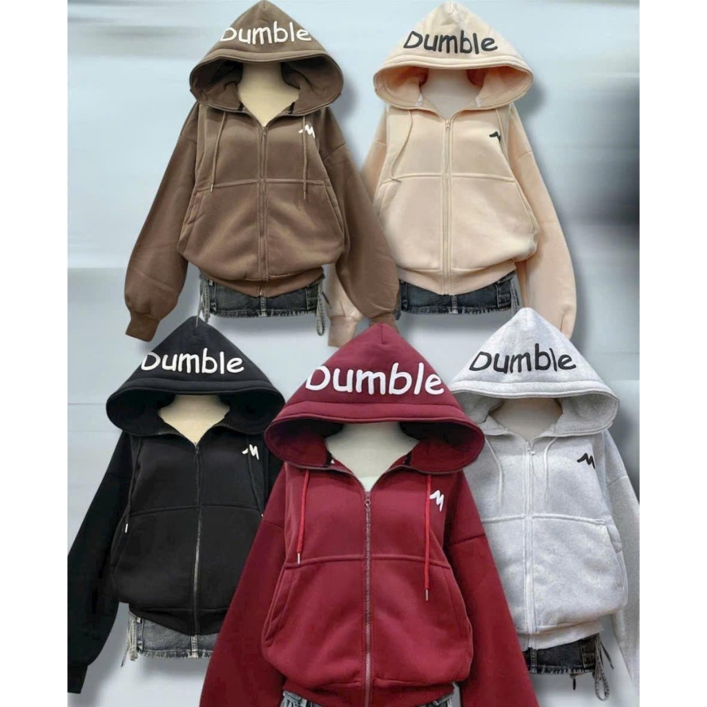 Dumble Áo Khoác Nữ Nỉ Bông Logo Nổi Túi Trong Tay Dài Nón Mũ To Áo Hoodie ZipTop Jacket Chống Nắng T