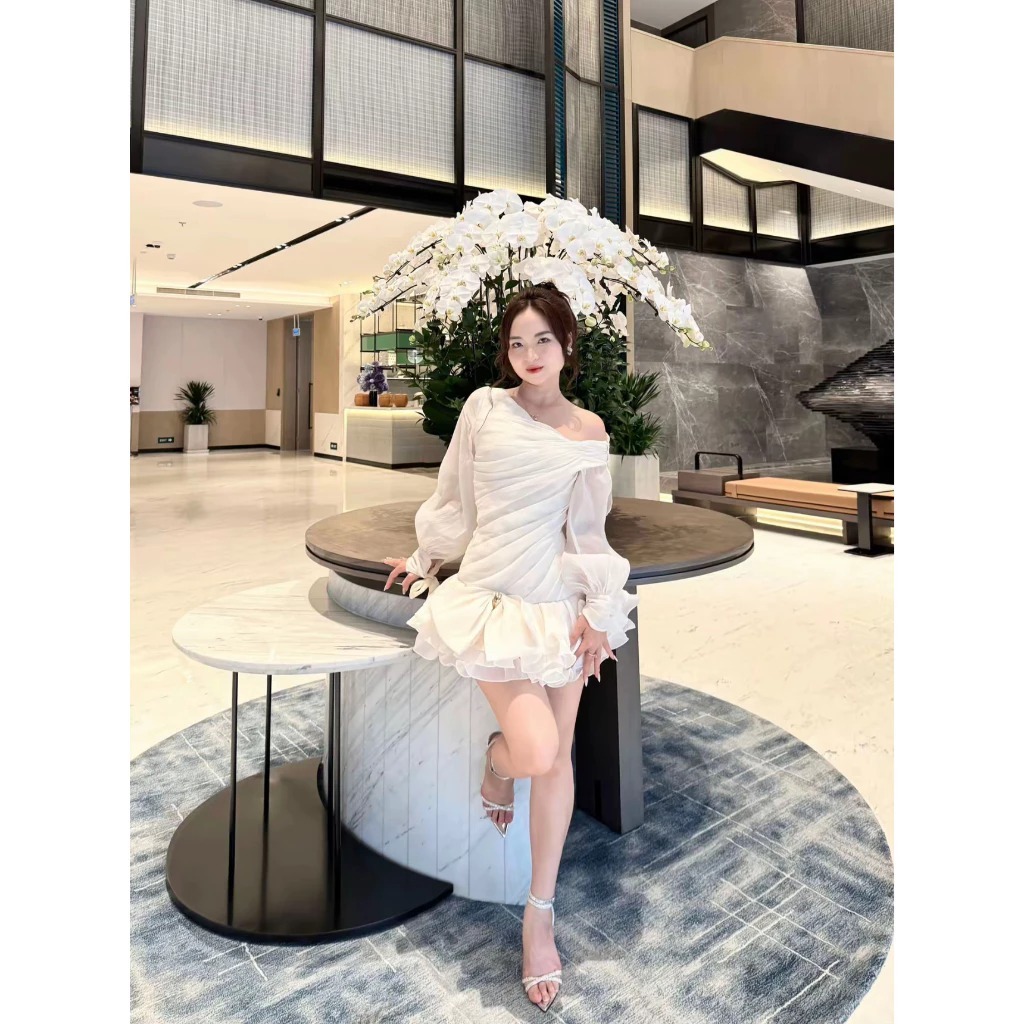 (Có Bigsize) Váy Thiết Kế Lệch Vai Tay Dài Phồng Đính Nơ Dự Tiệc Cao Cấp Kieupham.shop | BigBuy360 - bigbuy360.vn