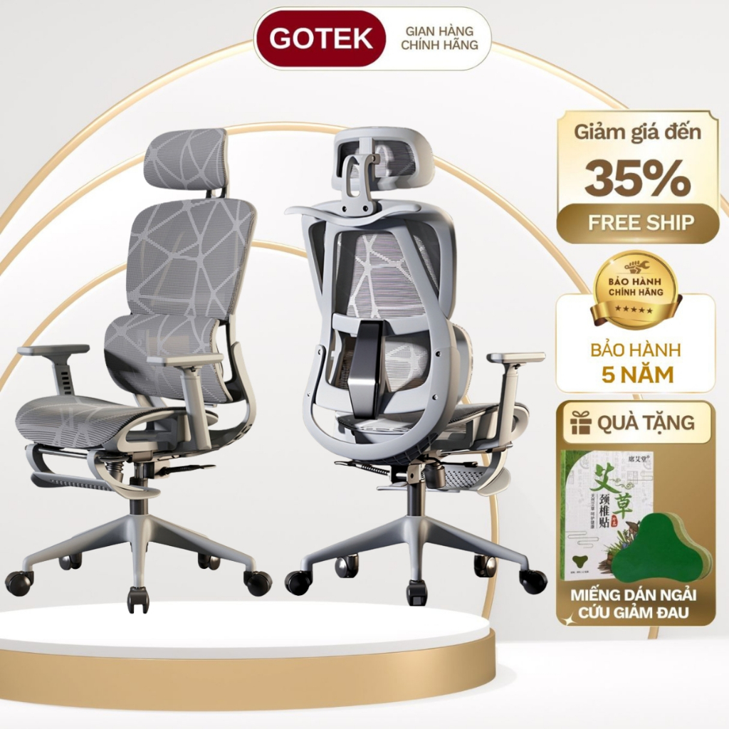 Ghế công thái học cao cấp GOTEK DRAGON-8D Full lưới vân rồng thoáng khí, điều chỉnh đa năng có để ch