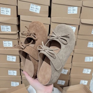  Dép bít mũi nữ sục da lộn đế cao 4cm thắt nơ đế mềm mũi tròn dễ phối đồ D061 