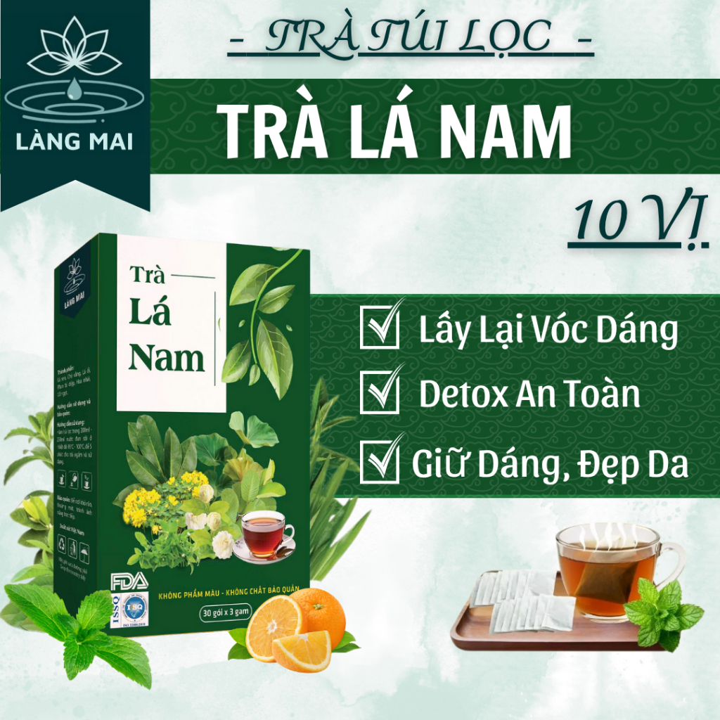Trà Lá Nam 10 vị - Làng Mai - Thanh mát, da sáng đẹp, vị dịu nhẹ dễ uống hộp gồm 30 túi