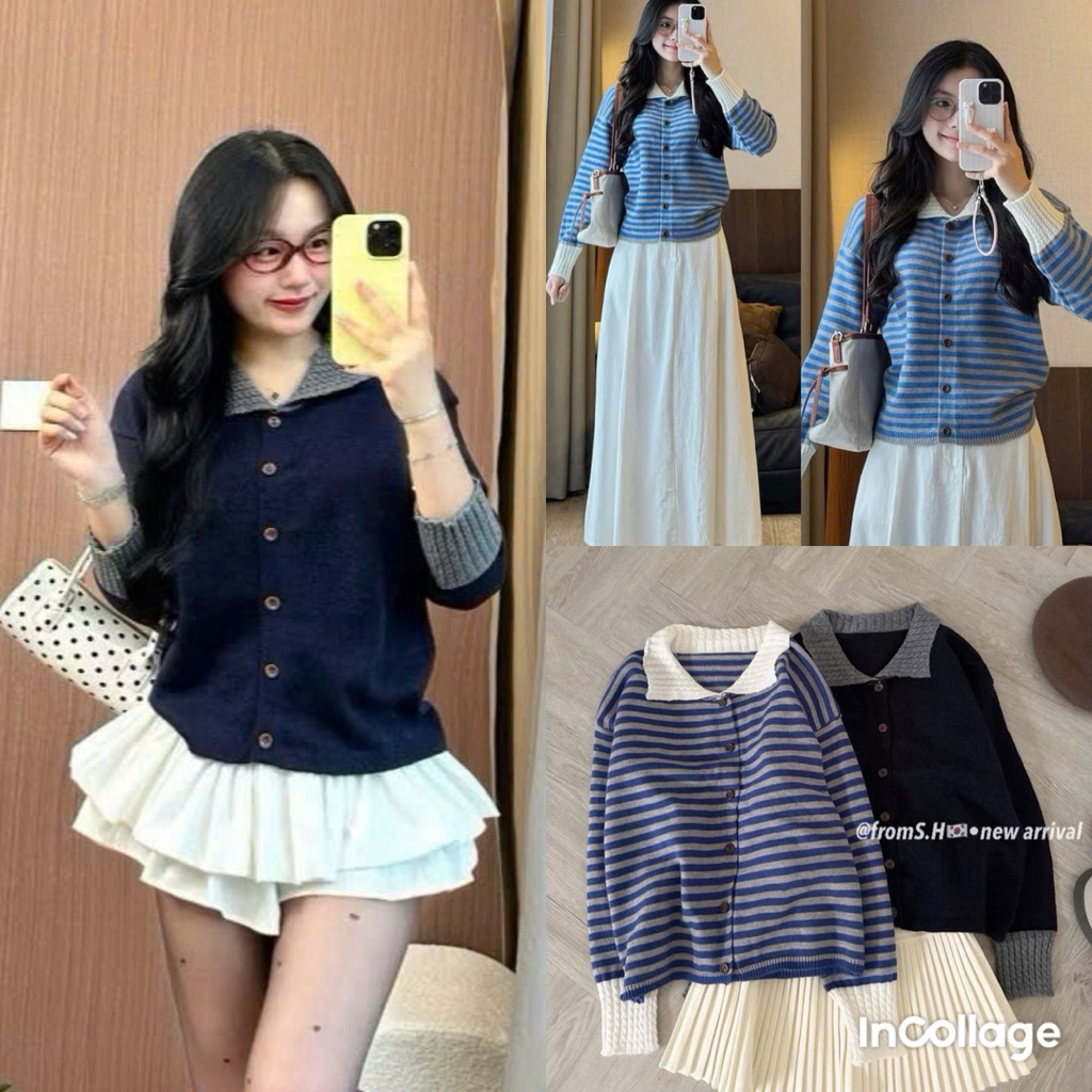 (HÀNG SẴN) Áo len cardigan cổ bẻ kẻ sọc xanh coban phối tay trắng vặn thừng hàng QC loại 1 - Halinh 