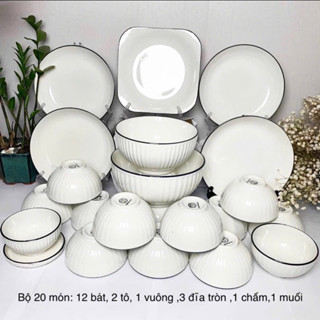  Bộ Bát Đĩa Chén Dĩa Sọc trắng  20 món  Thương Hiệu Bát  Tràng Men Bóng Mịn 