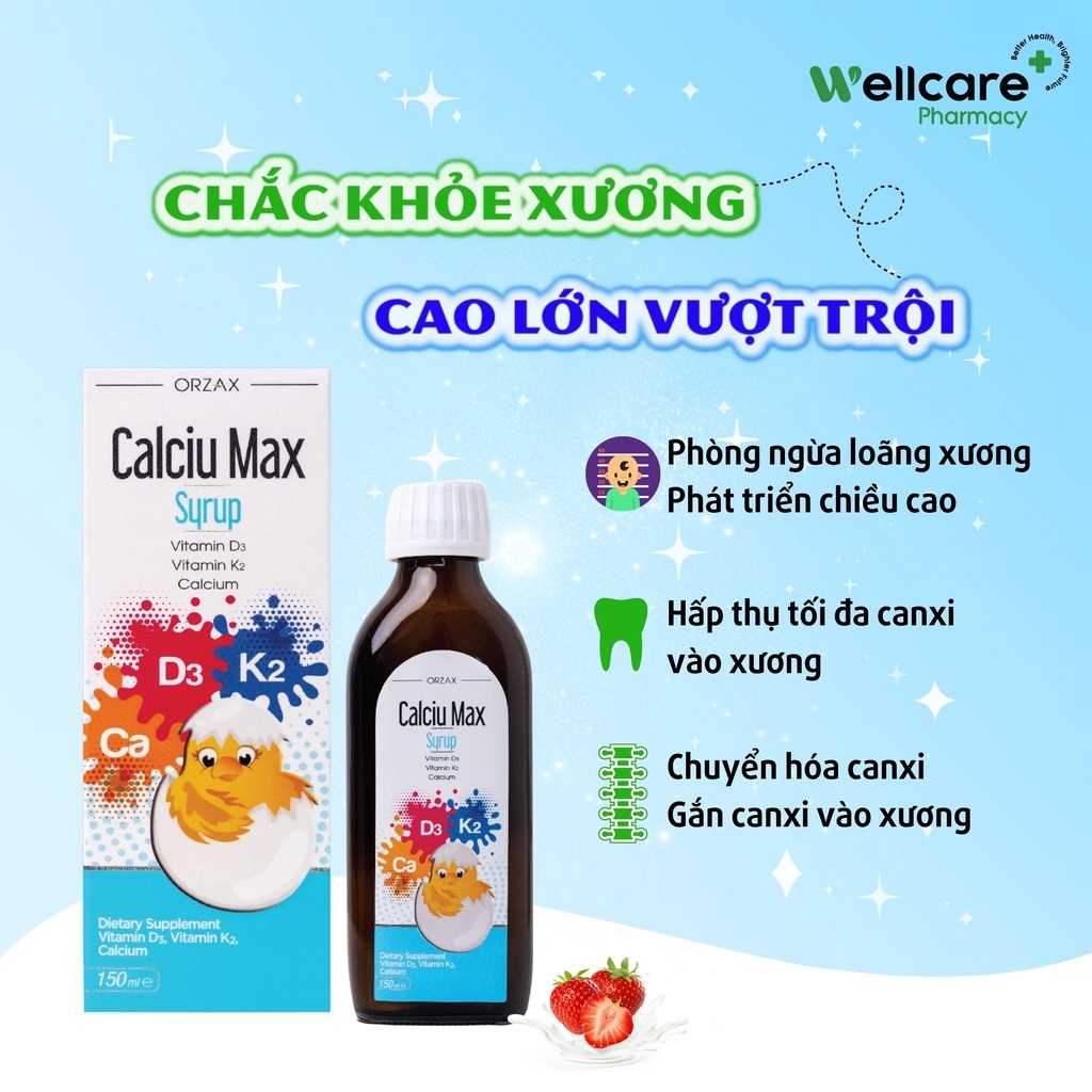 Canxi hữu cơ Orzax Calciu Max Syrup - Bổ sung canxi, D3, K2MK7 cho bé phát triển chiều cao, xương ră