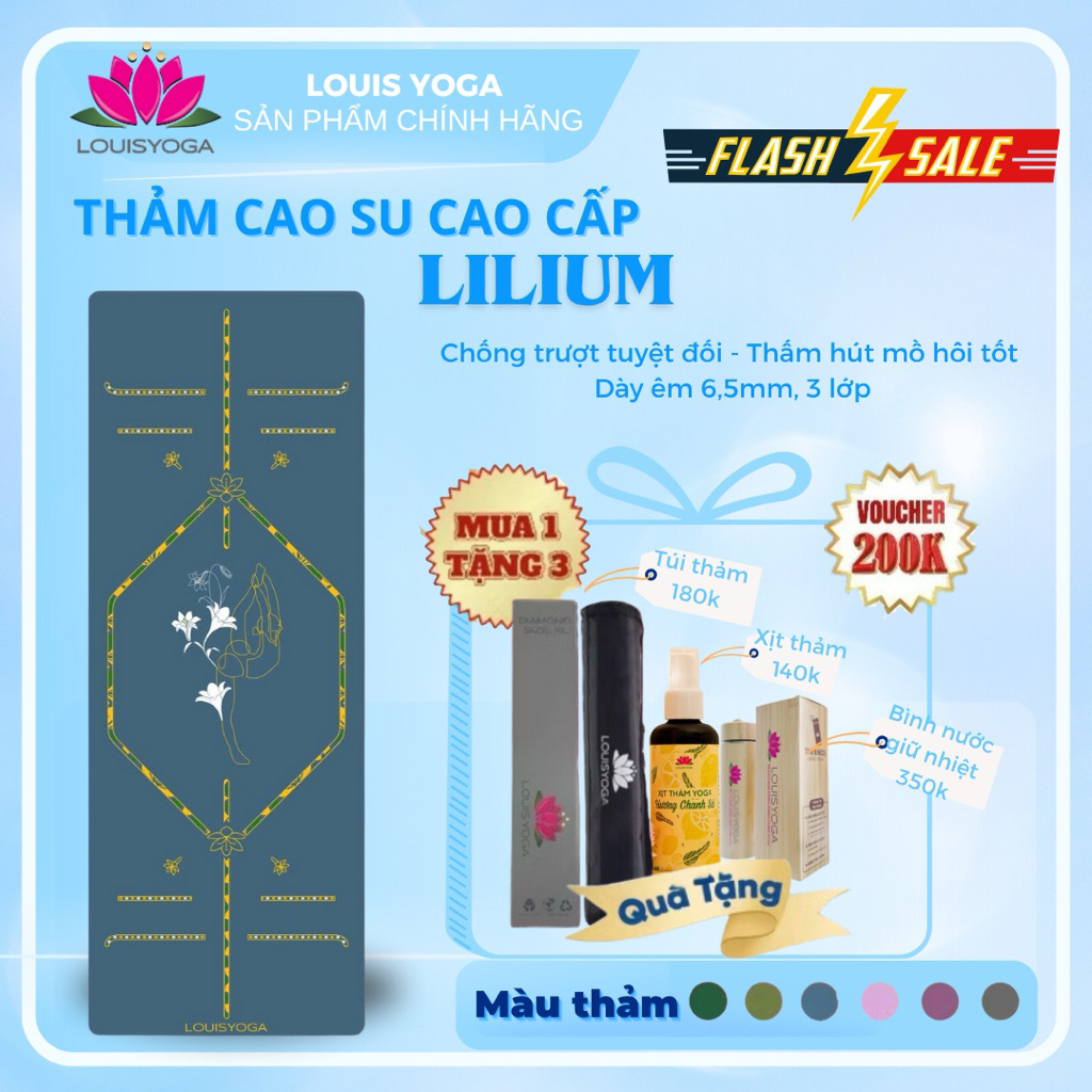 Thảm tập yoga cao su cao cấp LILIUM chính hãng Louis Yoga dày 6.5mm, 3 lớp, chống trượt, hút mồ hôi